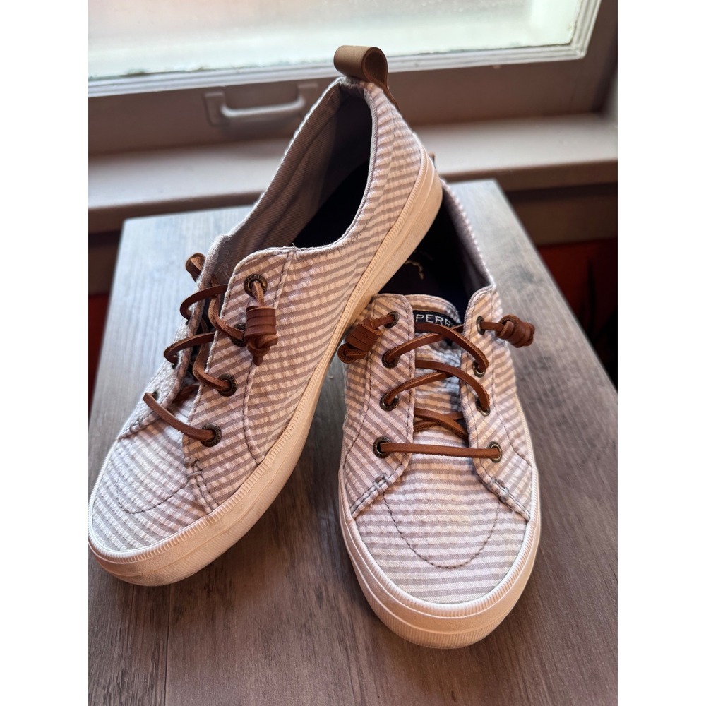 Sperry Crest Vibe Seersucker Stripe Gray White Slip On Sneakers  Womens 6.5